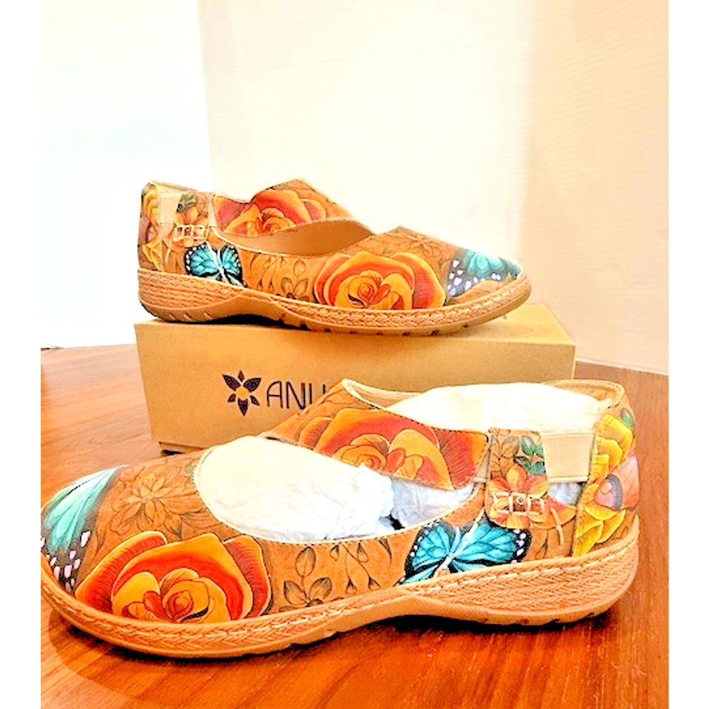 Anuschka Mary Jane Shoes Sz 10 Floral Paradise Tan Butterfly Leather 4215 $199 - Picture 3 of 15